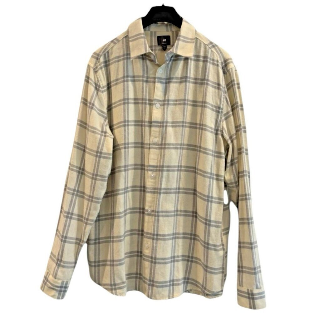 H&M Men’s Plaid Shirt | Beige & Gray | Size L | 100% Cotton